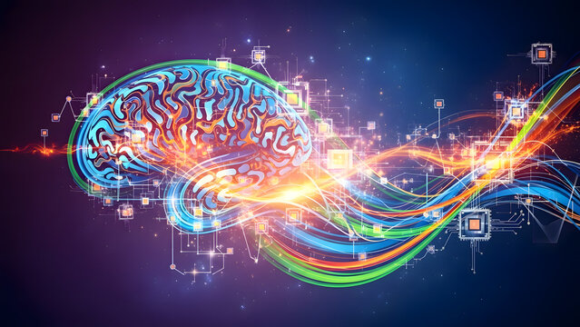 Brain with digital connections and light trails - Powered by Adobe