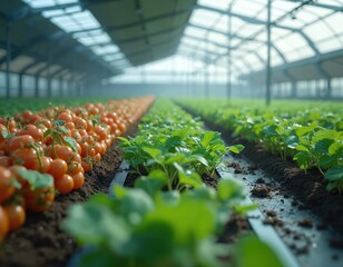 Rows of tomatoes and other crops flourish inside greenhouse. Smart agriculture concept combines modern tech and farming. Eco friendly food production utilizes sustainable methods to grow healthy food.