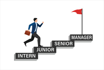 Employee climbing career ladder, developing action plan, striving for job advancement, professional growth, career goals, motivation, and workplace success to achieve business objectives