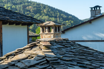 A roof covered with split stone tiles, the Village of Kovachevitsa in the Rhodope Mountains, Bulgaria