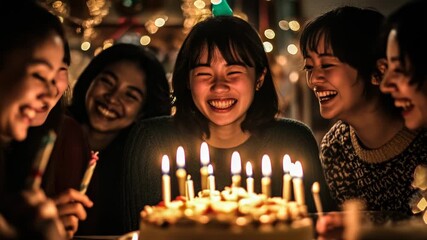 Group of young people enjoying a birthday celebration with lit candles