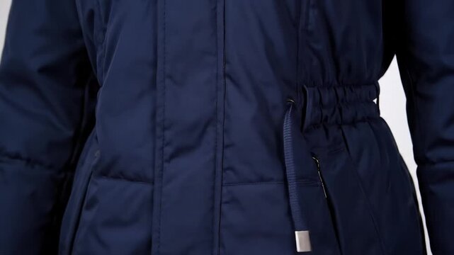 Detail of a blue winter coat with a drawstring waist and visible stitching