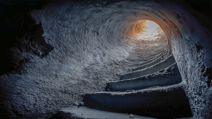 Dark Tunnel with Spiral Stairs Leading to Light, Symbolizing Hop
