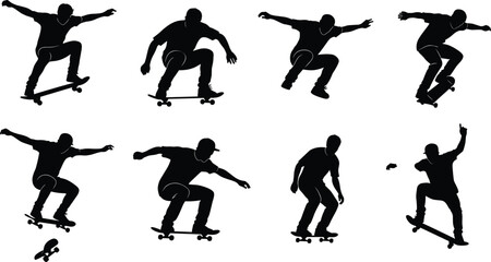 Vector Silhouette Set of Skateboarders Performing Ollies and Grabs, Illustrating Dynamic Street Sport Tricks and Youth Culture Action.