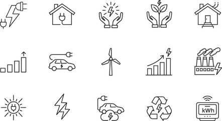Minimalist set of linear icons representing business, teamwork, corporate meetings, professional network, growth charts, and career achievement concepts.