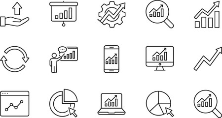 Minimalistic set of linear icons representing business analytics, financial growth, statistics, charts, data management, and presentation elements.