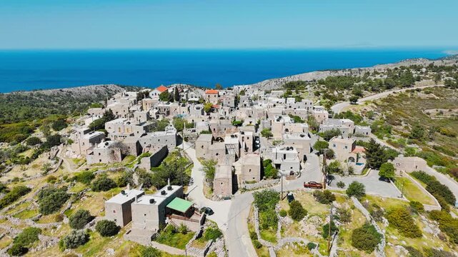 Ancient village on Greek Chios island, old Greece architecture. Aerial view