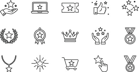 Minimalistic set of linear icons representing quality, rating, award, achievement, review, customer satisfaction, and loyalty program symbols.
