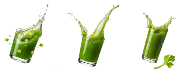 Fresh Celery Juice Glass Set PNG. Collection of green vegetable smoothie drinks with splashing liquid. Healthy organic detox beverage for diet and weight loss. Vitamin cleanse kit isolated