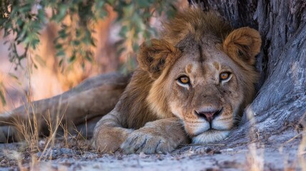 Fototapeta premium A lion lies down under a tree, resting on the ground. The scene shows the animal's calm gaze and the surrounding grass and trees during daylight