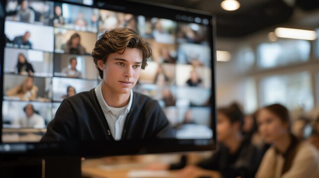 A virtual classroom filled with floating subscriber comments during a live educational session, AR elements guiding learners while the instructor interacts in real time — interactive learning