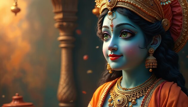 Lord Krishna deity with blue skin, green eyes, wears golden crown, rich jewelry. Serene spiritual Indian god idol in traditional temple setting. Decorative petals fall gently around. Cultural
