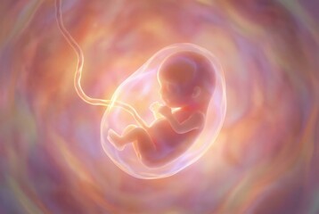 Fetus developing inside a vibrant pink and orange illuminated womb, showing the intricate process of human embryonic growth and assisted reproductive technologies like ivf