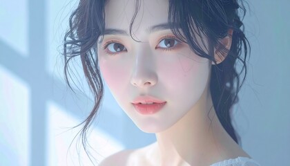 Fototapeta premium 日本人, 清楚な若い女性, 横顔, ナチュラルな笑顔, 柔らかい光, 白背景, 透明感ある肌, 美容広告スタイル Japanese, modest young woman, side profile, natural smile, soft light, white background, translucent skin, beauty ad style