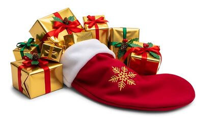 Festive Christmas gifts and stocking with gold snowflake design