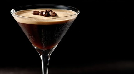A clear glass holds a dark coffee drink topped with coffee beans. This drink is suitable for evening gatherings, parties, or casual nights out with friends