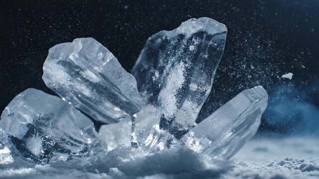 Cold ice shattering in slow motion on black background