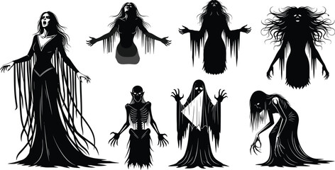 Vector set of scary female ghosts and spirits for Halloween design