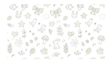 Fototapeta premium Enchanting Pattern: Delicate sketches of bows, rabbits, birds, and flowers create a sweet and whimsical design perfect for baby products.