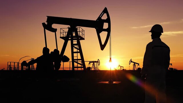 Silhouetted oil worker in a hard hat observing pumpjacks extracting crude oil in a vast field during a beautiful sunset, symbolizing the global energy industry and fossil fuel production