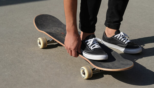 A skateboard lies on a flat asphalt surface. The man is wearing black jeans with the legs rolled up and black sneakers with white laces. This is the moment of preparation for skateboarding. - Powered by Adobe