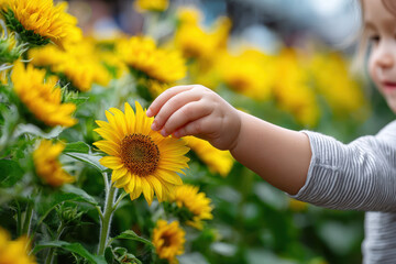 Fototapeta premium Child interacts with vibrant sunflowers in a bright field during warm afternoon sunshine