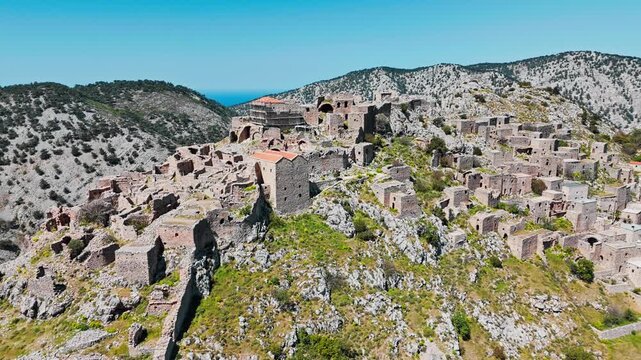 Anavatos abandoned Greek ghost town on Chios island in Greece, Aerial drone video