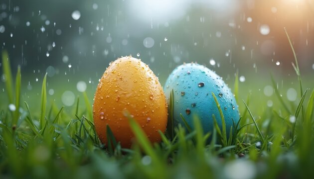 Colorful painted easter eggs lie on fresh green grass during spring rain shower. Wet orange, blue eggs covered with shiny water droplets. Festive holiday celebration for easter egg hunt on rich - Powered by Adobe