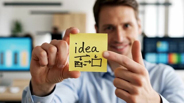 Confident male office worker showing a yellow sticky note with the word 'idea' and a workflow diagram written on it. Successful employee presenting a solution and innovative business strategy
