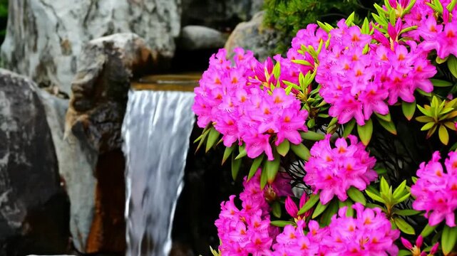 A vibrant cascade tumbles near a lush cluster of bright pink blossoms