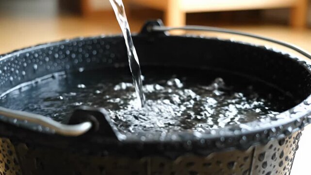 Fresh water pouring into black plastic bucket indoors household activity