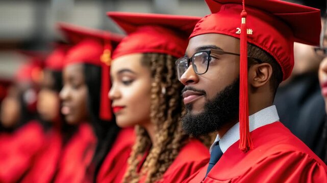 A group of graduates wearing traditional red caps and gowns, celebrating their academic achievement