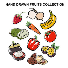 Healthy food vector illustration carrot, banana, bell pepper, mangosteen, tomato, snakefruit, passion fruit, jicama, soursoup, strawberry in a hand drawn style.