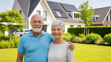 Happy Homeowners: A smiling senior couple embraces in front of their beautiful house, embodying the joy of homeownership and the peace of retirement. The image resonates with warmth, stability.