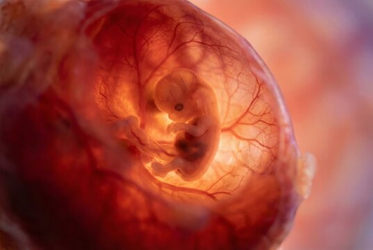 Human embryo developing within the womb, illustrating the intricate process of fetal growth and life, representing themes of reproduction, medical science, and in vitro fertilization