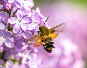 A hummingbird moth hovers over lilac blossoms, wings blurred. Soft focus background