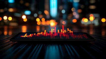Stock Market Chart on Phone with City Night Bokeh.