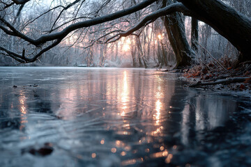 Frozen lake in winter morning with sunlight reflecting on ice surface and frosty trees