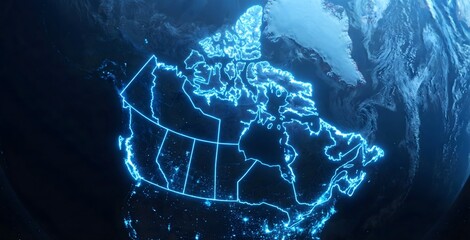Glowing blue neon outline map of Canada on dark background digital concept