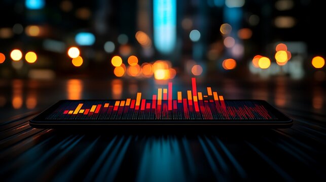 Stock Market Chart on Phone with City Night Bokeh. - Powered by Adobe