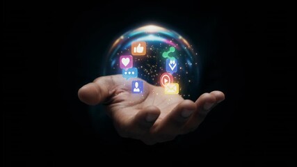 Luminous crystal ball containing various social media icons floating and rotating above a human hand, representing digital marketing, global networking, and online communication concepts - Powered by Adobe