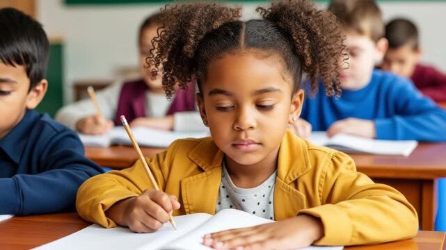 Learning Together: A young student focused on her studies. Capturing the spirit of education and teamwork.