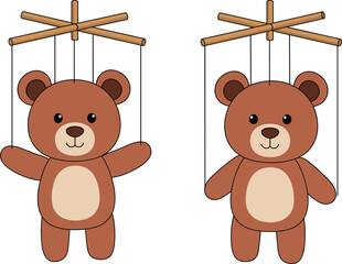 Cute teddy bear marionette puppets hanging from wooden controllers, perfect for kids’ illustrations, toys, crafts, and playful design projects.
