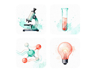 Science Icons: Illustrative rendering of essential scientific tools, including a microscope, test tube, molecular structure and lightbulb, each exuding the essence of investigation and discovery.