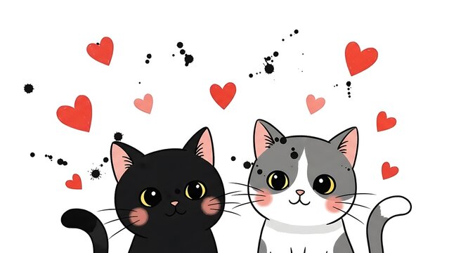 Adorable cartoon cats with big eyes surrounded by floating red hearts on a white background - Powered by Adobe