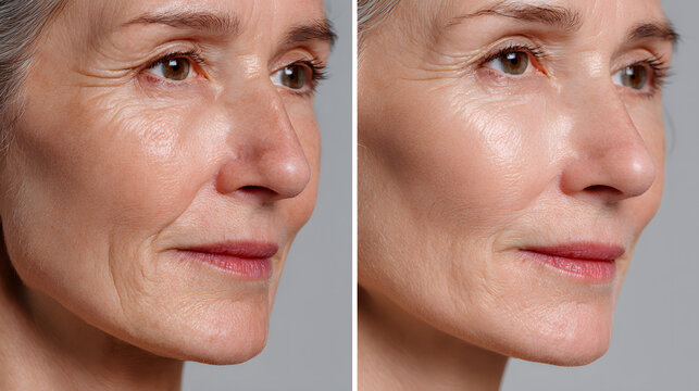 Before After anti aging face photo skin spa treatment older woman 40s 50s menopause wrinkles fine line saggy jowls afterwards smooth glowing younger firm microneedling rf therapy LED laser treatment
