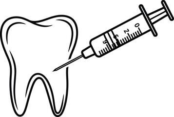 Dental anesthesia illustration showing syringe injecting tooth, suitable for dentistry, oral care, dental clinic and medical procedure visuals.