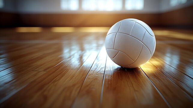 Volleyball ball on a wooden court with sport background, and indoor gym. - Powered by Adobe