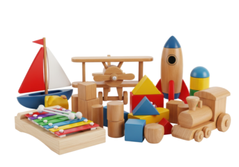 Ultra-detailed photorealistic wooden toys (sailboat, xylophone, blocks, biplane, train) clustered on a transparent high-key backdrop with soft bokeh, highlighting wood grain texture. concept of