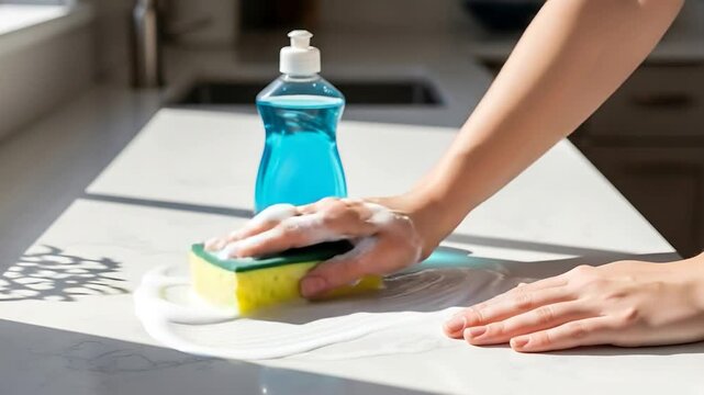 Maintaining a Spotless Home Kitchen Countertop Dish Washing Soap Foam Sponge Cleaning Routine.